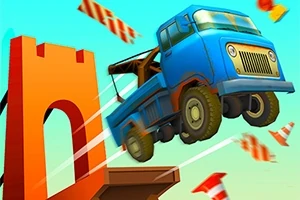 青いトラックがジャンプしてレンガ色のアーチを越えているシーン。