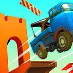 青いトラックがジャンプしてレンガ色のアーチを越えているシーン。