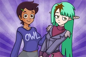 2人のキャラクターが並んで立っており、1人は「OWL」と書かれたトップスを着て、もう1人は緑の髪でエルフのような耳を持っています。