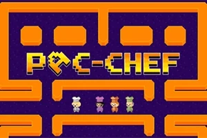 紫色の背景にオレンジの迷路と「P☆C-CHEF」の文字、4人のキャラクターが並んでいるイメージ。