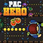 キャラクターが迷路でドットを追いながら大きな緑色のモンスターとトマトを背景に進んでいる様子。