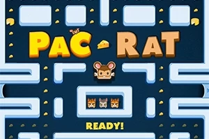 青と白の迷路の中に「PAC RAT」という文字とネズミのキャラクターが配置されたデジタル画面。