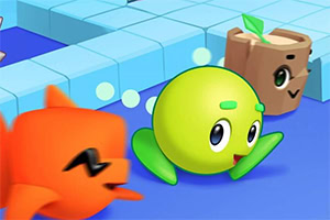 カラフルなキャラクターたちが青いブロックの道を進んでいる様子。