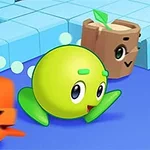 カラフルなキャラクターたちが青いブロックの道を進んでいる様子。