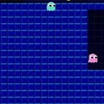 青い格子状の背景に、2匹のカラフルなキャラクターと黄色い円のアイテムがある。