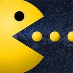 黄色のキャラクターが星空を背景に3つの小さな黄色のボールを食べている様子。