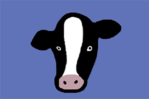 青い背景に黒と白の模様の牛の顔のイラスト。