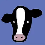 青い背景に黒と白の模様の牛の顔のイラスト。