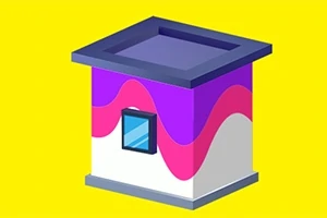 黄色の背景に、紫とピンクの波状の模様がある立方体の建物のイラスト。