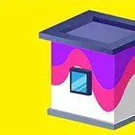 黄色の背景に、紫とピンクの波状の模様がある立方体の建物のイラスト。