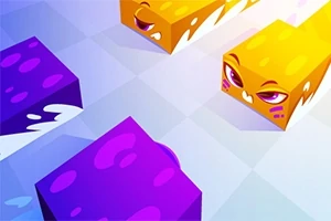 紫と黄色のキューブのキャラクターが並んでいる明るいデザインのイラスト。