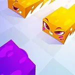 紫と黄色のキューブのキャラクターが並んでいる明るいデザインのイラスト。
