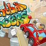 カラフルなグラフィティ風の文字と、キッチンカウンター上を走る赤いおもちゃの車。