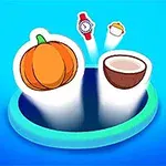 カボチャとココナッツが穴に落ちる様子と、腕時計やカップケーキが上に浮かんでいるイラスト。