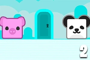 ピンク色のブタと白黒のパンダのキャラクターが、青いドアの前に並んでいるシンプルなイラスト。