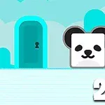 ピンク色のブタと白黒のパンダのキャラクターが、青いドアの前に並んでいるシンプルなイラスト。