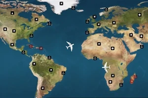 世界地図上に飛行機アイコンと様々な記号が配置されています。
