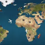 世界地図上に飛行機アイコンと様々な記号が配置されています。