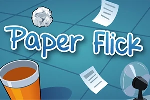 青い背景に白い文字で「Paper Flick」と書かれ、紙くず、風車、オレンジの飲み物のカップが描かれています。