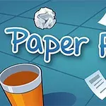 青い背景に白い文字で「Paper Flick」と書かれ、紙くず、風車、オレンジの飲み物のカップが描かれています。