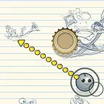 ノートに鉛筆のイラストが描かれた背景に、球状のオブジェクトと矢印が表示された図。