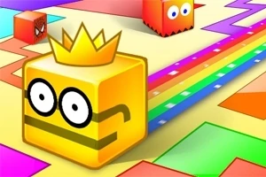 黄色いクラウンをかぶった四角いキャラクターがカラフルなパスを進む様子。