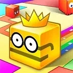 黄色いクラウンをかぶった四角いキャラクターがカラフルなパスを進む様子。
