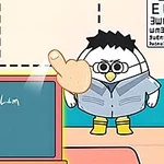 教室の中で、チョークボードとキャラクターが立っているイラスト。