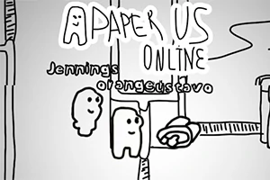 手描き風のキャラクター2体と「PAPER US ONLINE」というテキストが描かれている白黒のイラスト。