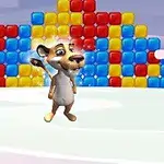 カラフルなブロックの背景に、狐のキャラクターが立っているイラスト。