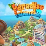 青い空と海を背景に、笑顔の女性キャラクターとリゾート地の風景が描かれているカラフルなイラスト。