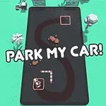 駐車場の道に沿って走る茶色の車と、背景に木や建物があるイラスト。