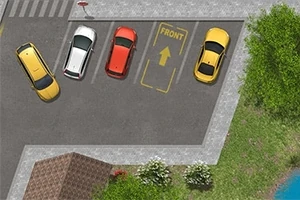 駐車場に停められた4台の車と「FRONT」と書かれた矢印が描かれた駐車スペース。