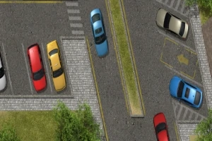 駐車場で複数の車が駐車および運転されている上空からの風景。