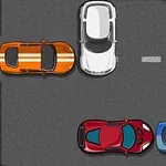 5台の車が様々な色で狭い交差点に詰まって停車している。