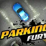 青い車と赤い車が駐車場に停まっており、中央に「PARKING FURY」というテキストがあります。