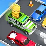 緑と白のトラックの上にコインが積まれ、駐車場に青、黄色、赤の車と交通コーンが配置されているイラスト。