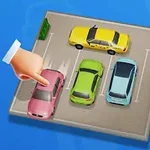 青い背景に駐車場の風景が描かれ、赤い車を指さす手がある。