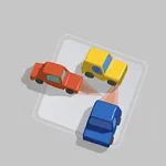 赤い車、黄色い車、青い車が灰色の背景上で交差している。