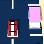 赤いストライプの車が青い道路でピンクの車の隣を走っている。