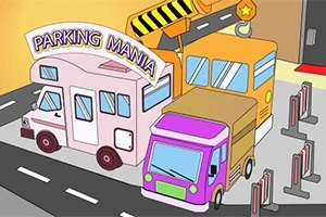 駐車場に並ぶピンク、オレンジ、紫色の車と「Parking Mania」というサイン。