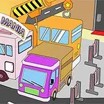 駐車場に並ぶピンク、オレンジ、紫色の車と「Parking Mania」というサイン。