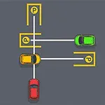 緑色、黄色、赤色の車が駐車スペースに駐車している図。