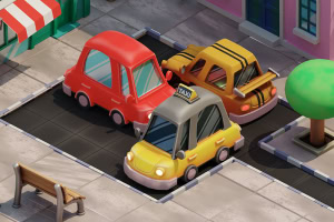 交差点で赤い車と黄色のタクシーが停車している。