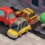 交差点で赤い車と黄色のタクシーが停車している。