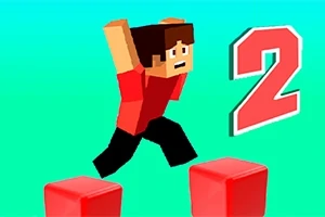 赤いシャツを着たキャラクターが数字の「2」と並んでジャンプしているシーン。