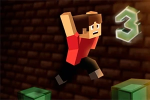 ブロック状のキャラクターが数字の「3」の横でジャンプしているシーン。