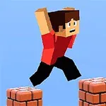 赤い服を着たブロック状のキャラクターが、青い背景の中でレンガの柱の間をジャンプしている。