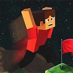 ブロック状のキャラクターが星空の下で赤い旗に向かって飛んでいる。