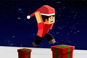 サンタ帽をかぶったブロック状のキャラクターが、雪の中でプレゼントの上をジャンプしている。